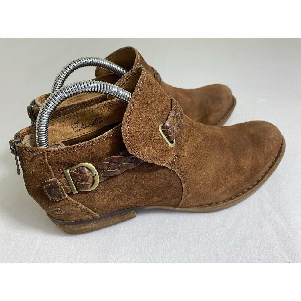 Børn Sylvia Ankle Boots Womens 8.5M Brown Suede Braided Strap Block Heel Zip